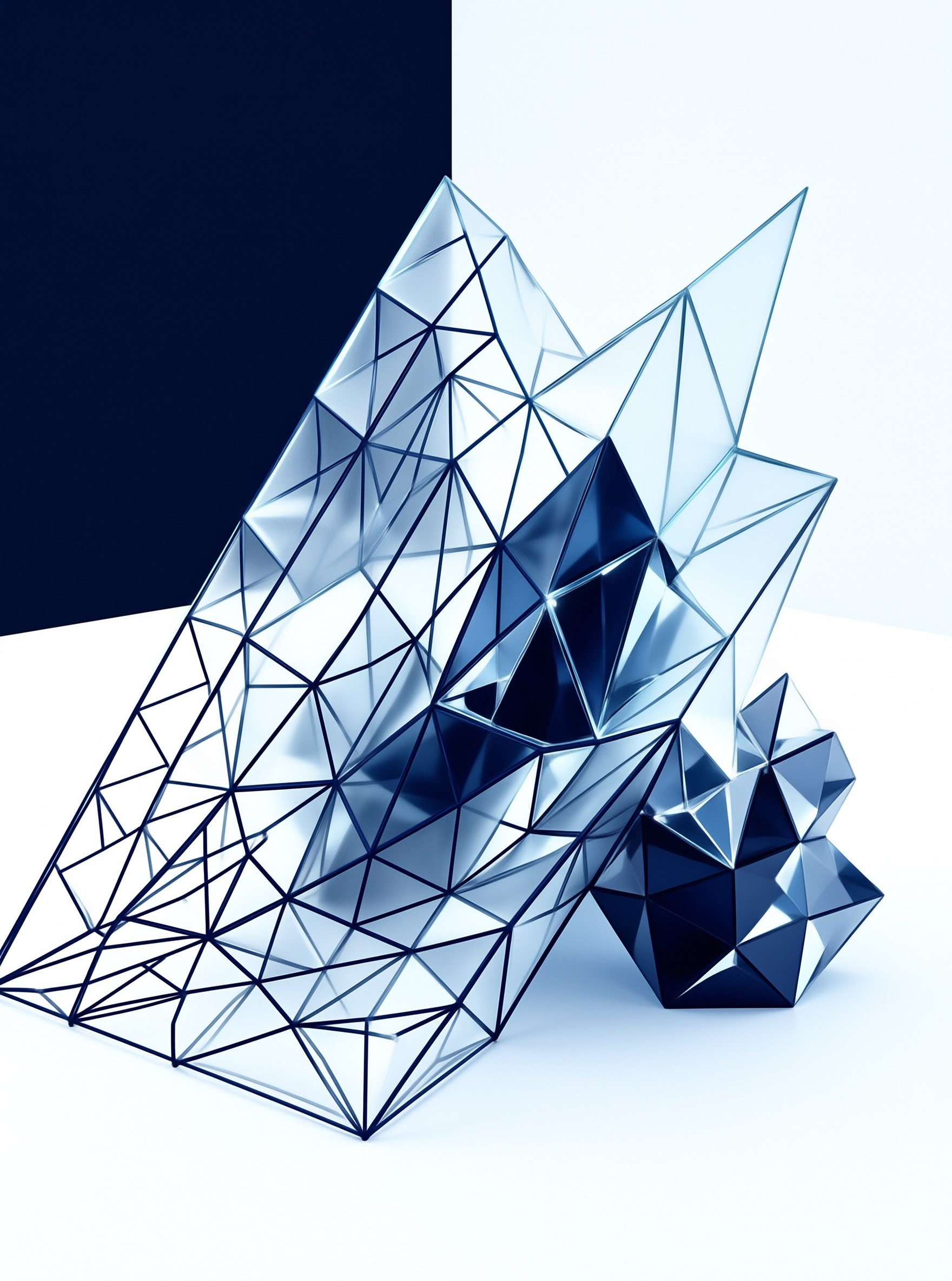 Translucent triangular glass forms lean against a deep blue faceted crystal on a white and navy surface.