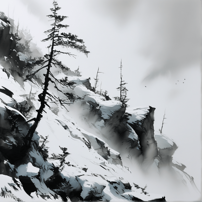 Monochromatic painting of pine trees on snow-covered mountain slopes in misty, foggy skies with dark rocky outcrops.