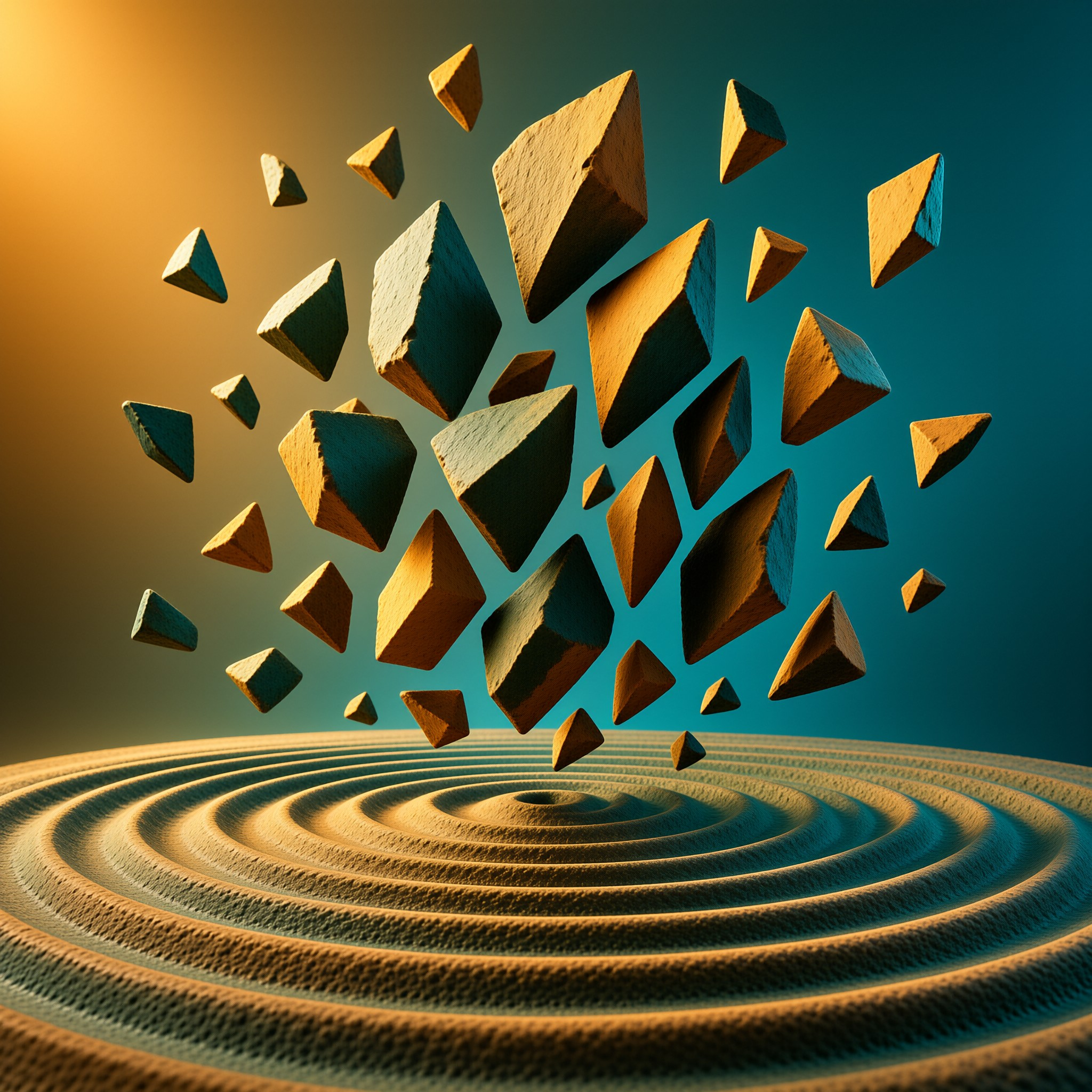 Angular sandy rock formations float upward in a dynamic cluster against a gradient of orange light and deep teal blue shadows.