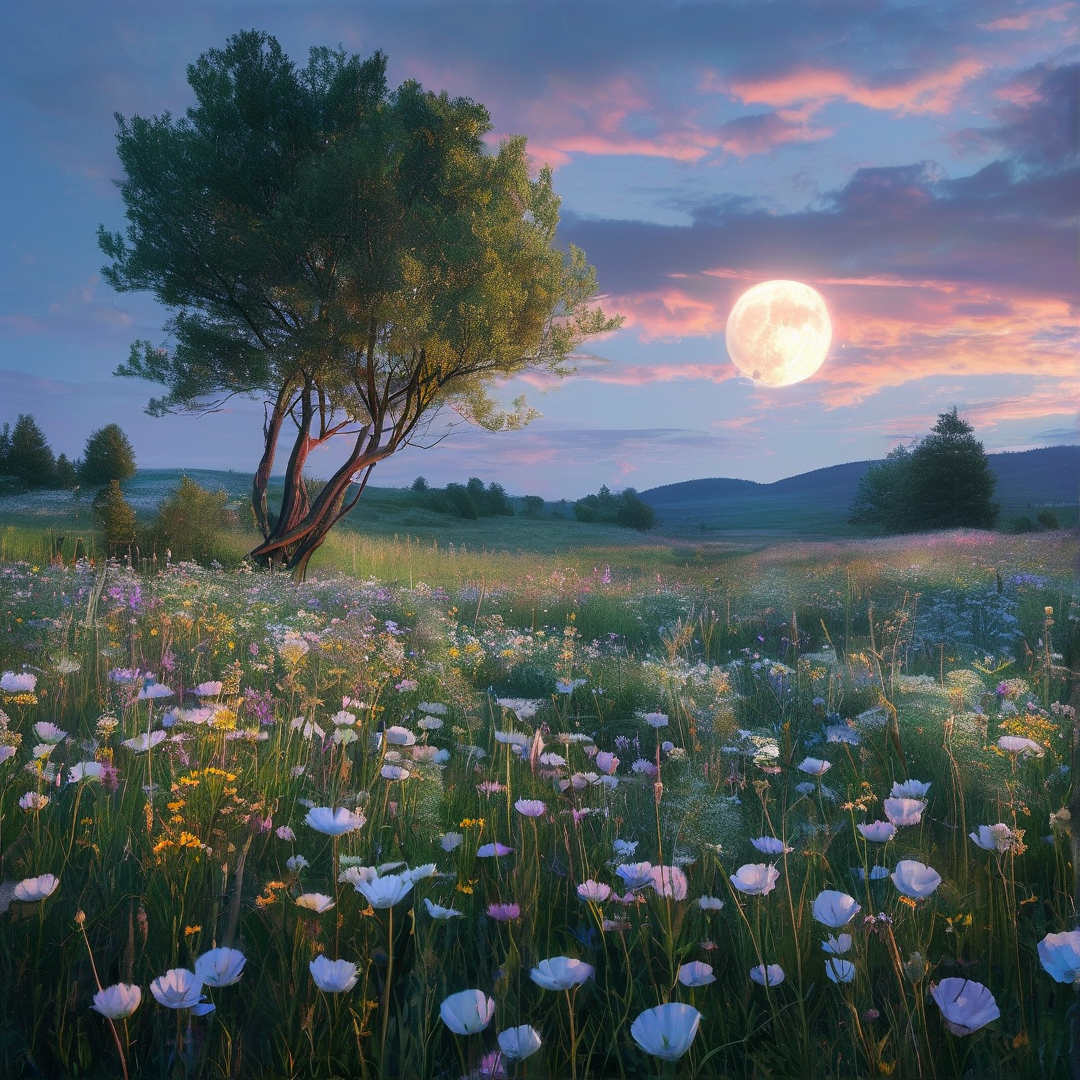 Full Moon Over Flower Field