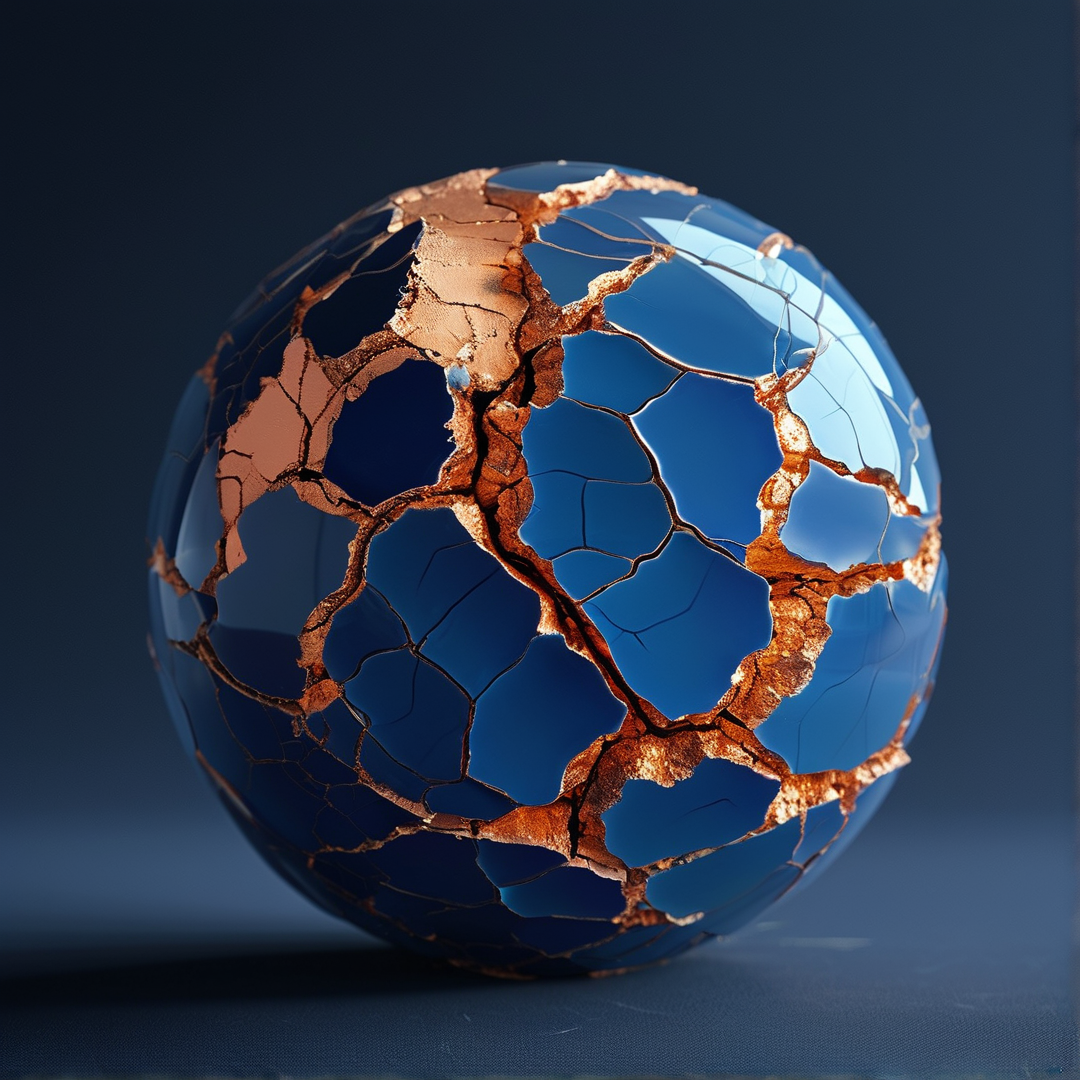 A glossy deep blue ceramic ball with jagged gilded cracks rests on a dark matte surface, lit by soft even studio light.
