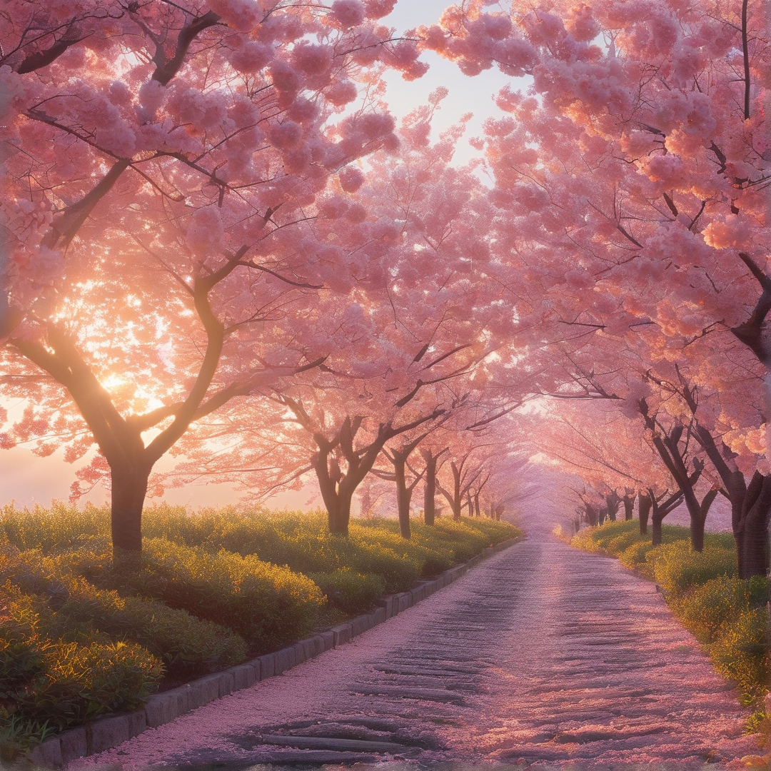 Sunlit Cherry Blossom Path