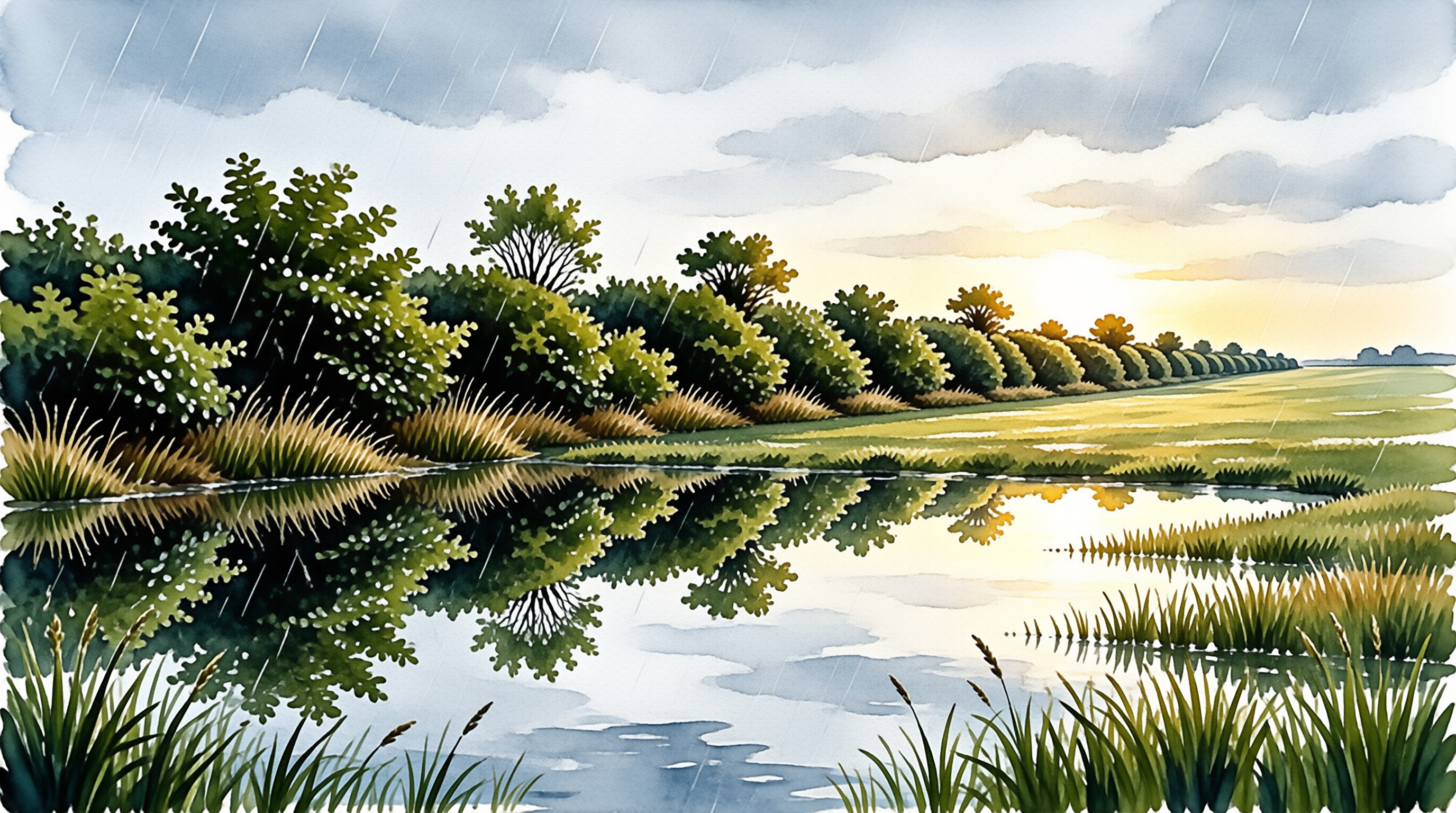 A gentle watercolor scene of leafy trees along a still river, streaked with falling rain and lit by a pale evening glow.