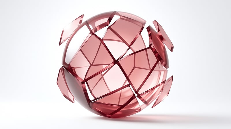 A translucent pink glass sphere split into angular shards floats over a bright seamless surface with soft reflections
