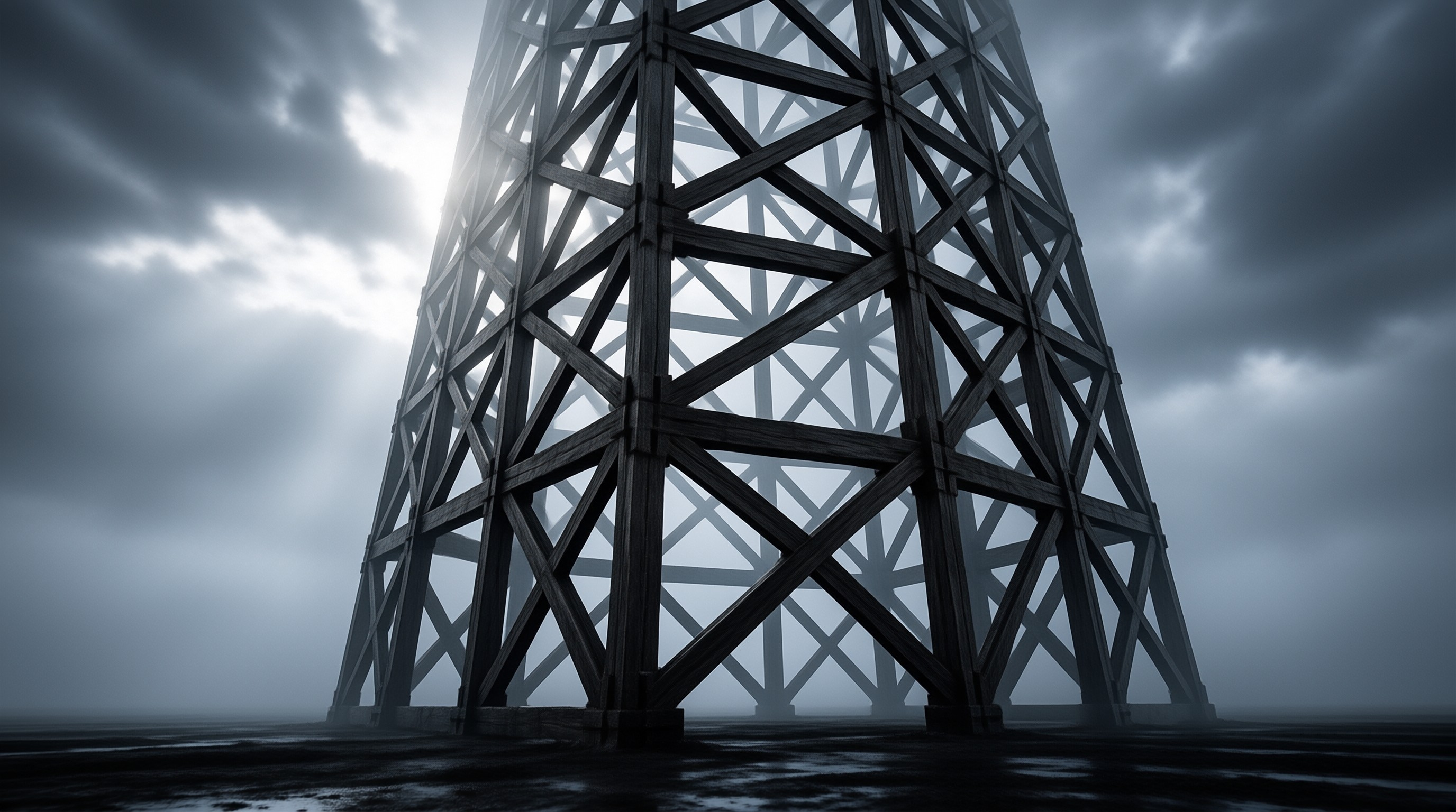 A dark steel lattice radio tower tapers upward against heavy storm clouds and low mist