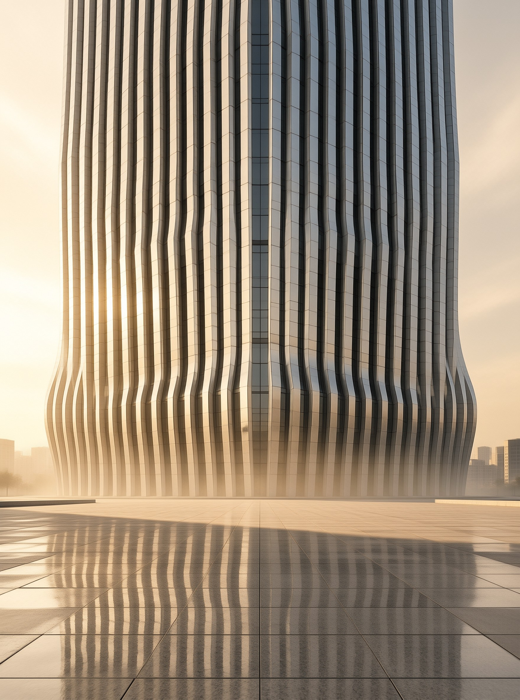 An undulating skyscraper stands tall over a reflective plaza bathed in warm morning light.