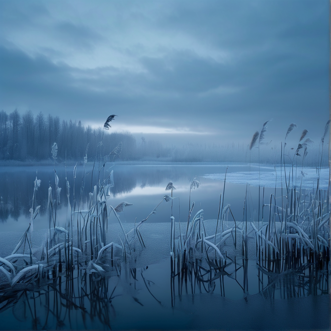 Frozen Lake in Winter Mist