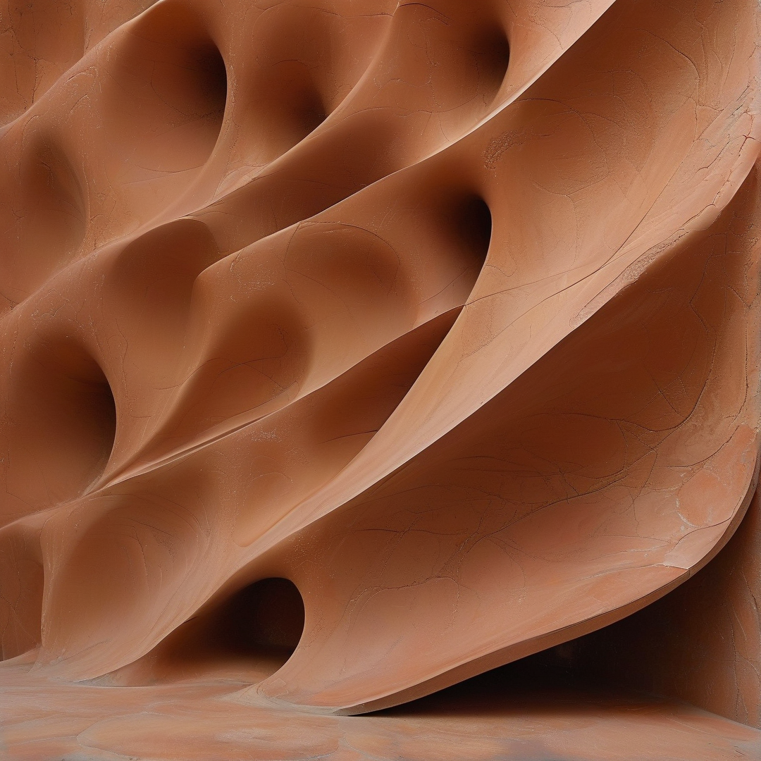 Curved wind shaped terracotta sandstone walls feature deep shadowed crevices and smooth undulating surfaces under warm soft natural light