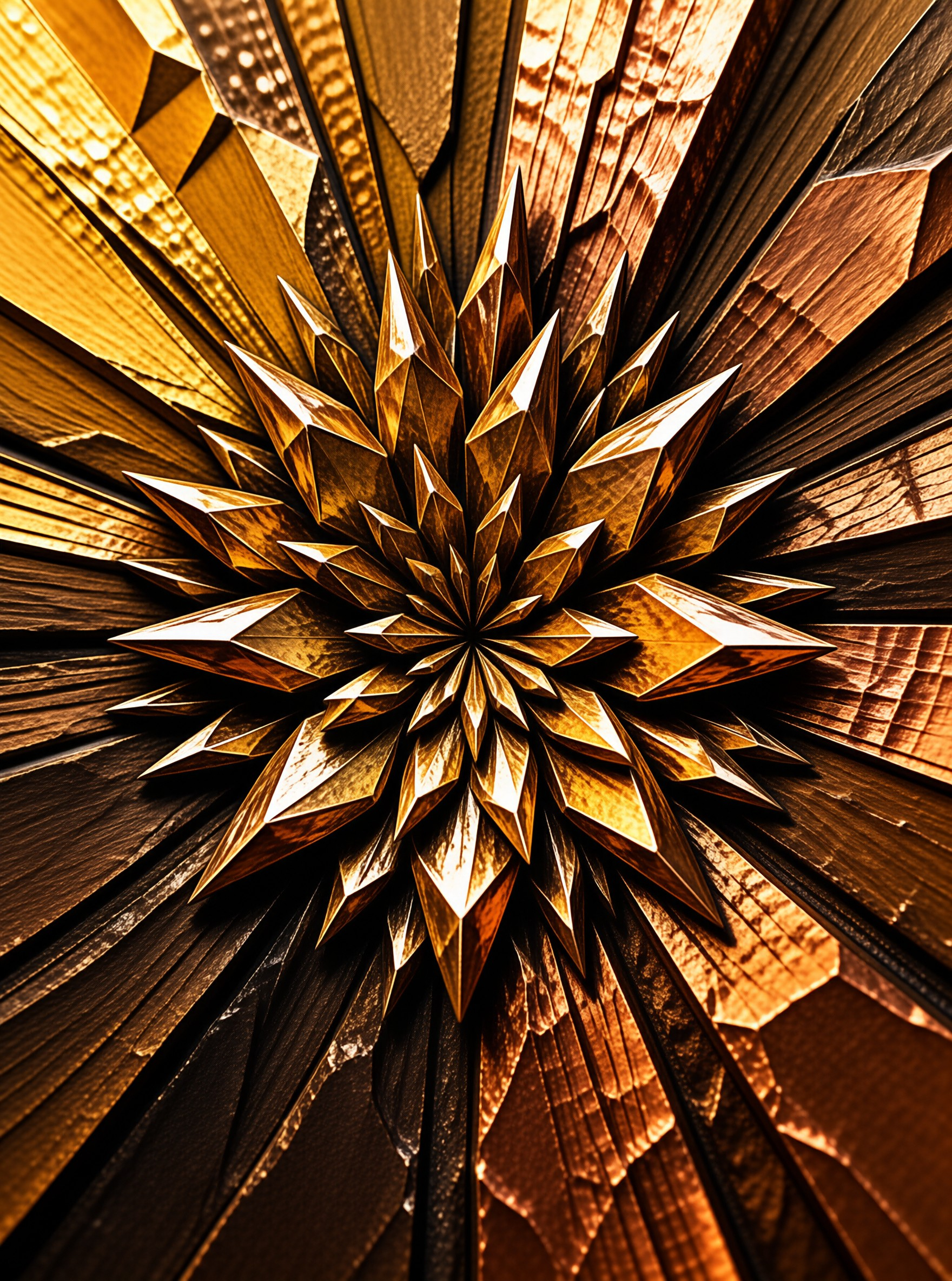 A spiky metallic flower of polished bronze shards explodes outward against a hammered gold sunburst background.