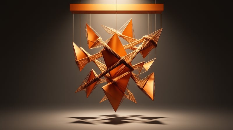 A suspended sculpture of orange pyramids linked by rope hangs against a dark background.
