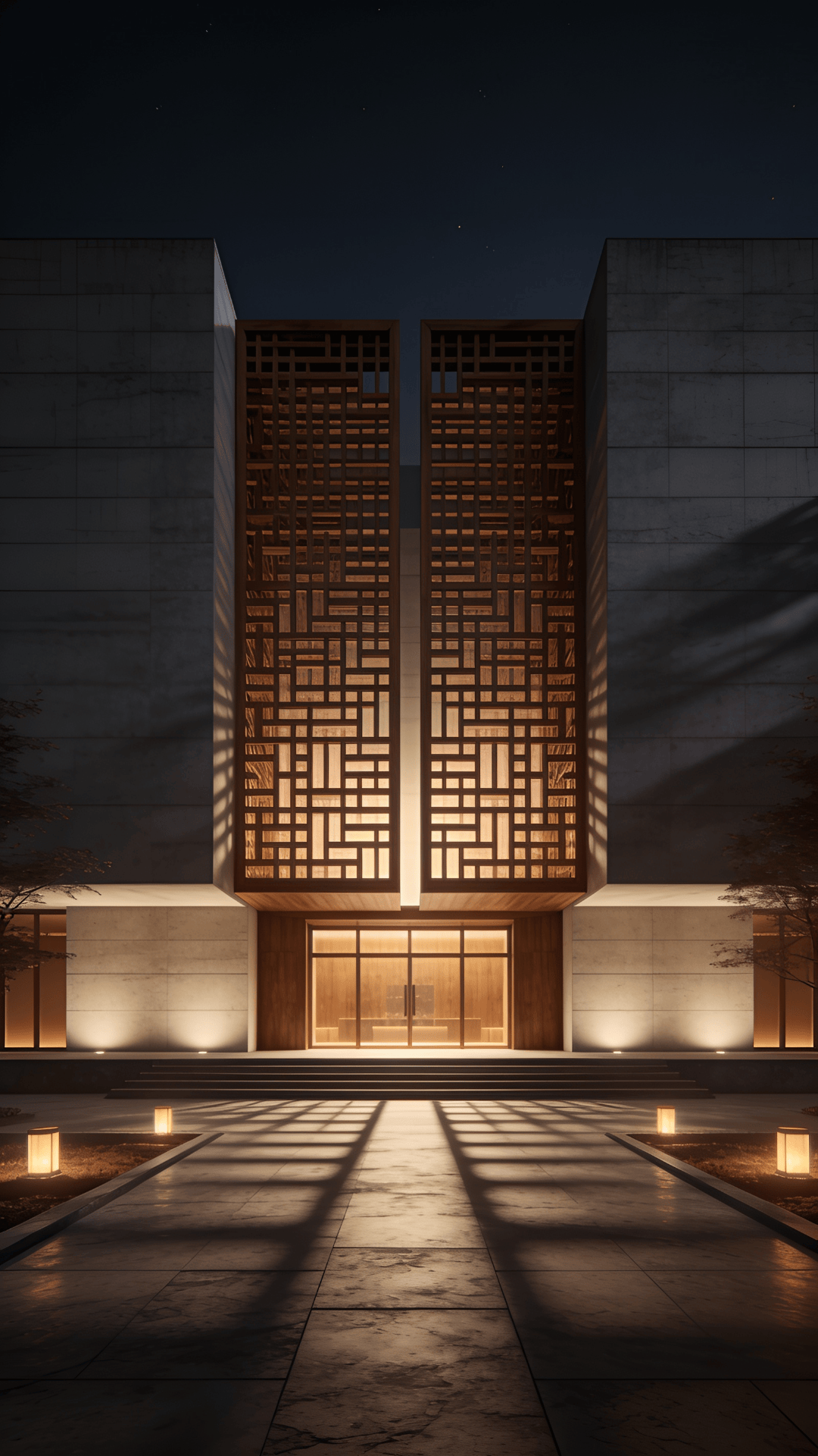 Museum with Wooden Lattice — Night With Warm Lights