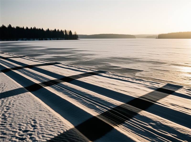A snow covered wooden pier stretches across a frozen lake, long dark shadows fall across the ice from low winter sun.