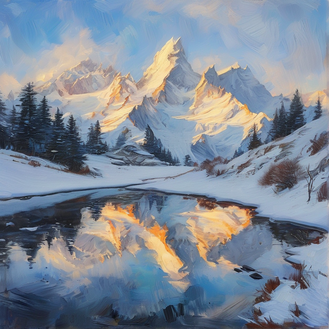 Snow capped mountain peaks glow in sunlight while reflecting in a dark pool of water surrounded by trees.