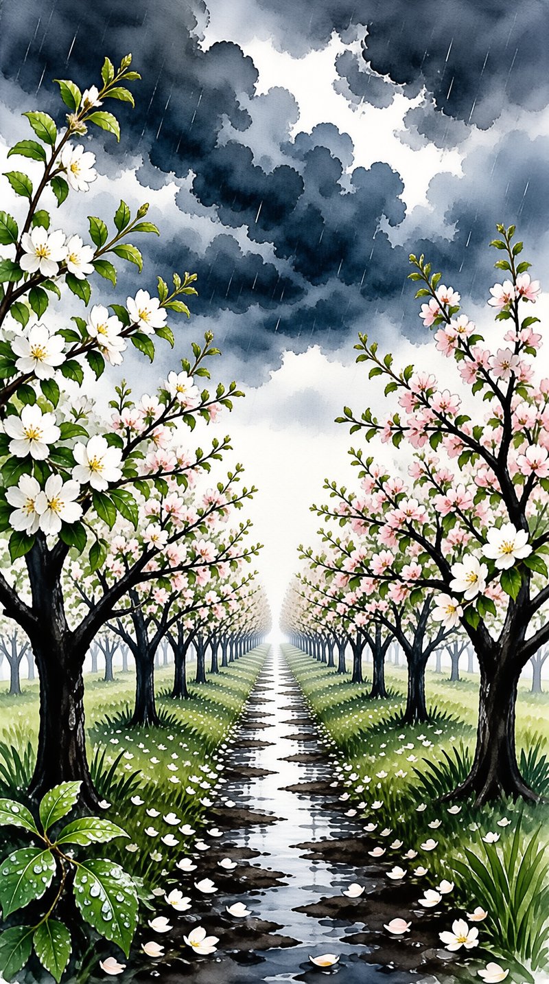 Rows of white and pink cherry blossom trees frame a wet rainy path under dark storm clouds, with scattered petals on grass and ground.