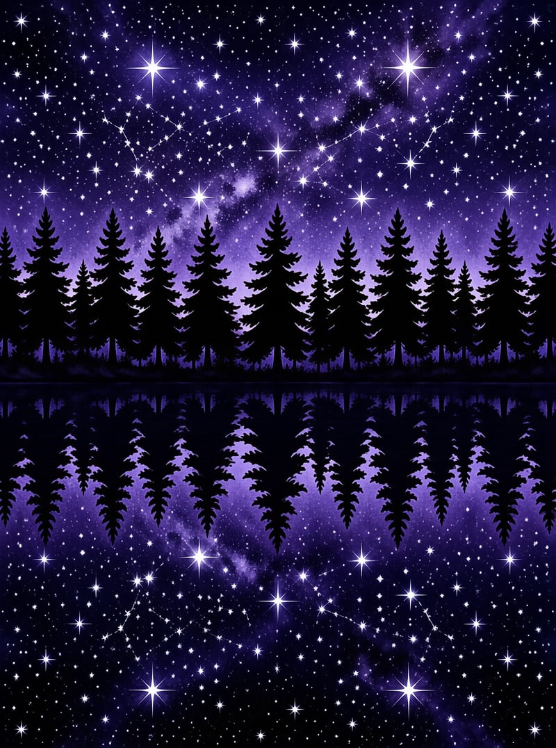 Pine trees stand against a purple night sky filled with bright stars while their reflection appears in the water below.