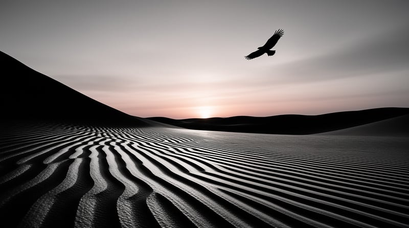 A dark bird glides across a gradient sky above undulating desert sand with distinct ripple patterns near the horizon.