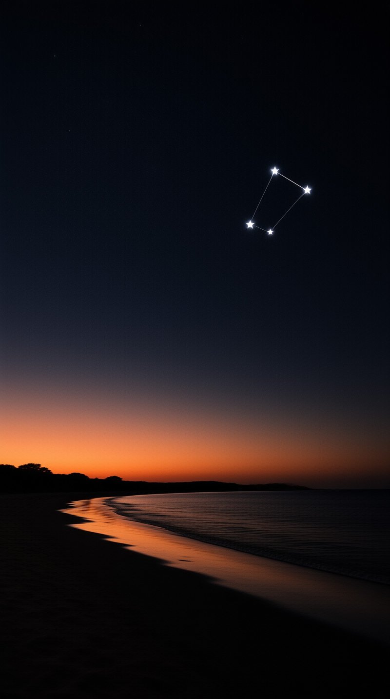 Four luminous points connected by faint lines hover above a tranquil shoreline where orange twilight glows reflect across the wet pavement of the ocean waves.