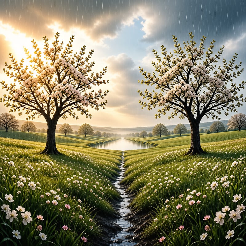 Rain falls over a green field where two flowering trees frame a narrow stream under a glowing sunrise sky