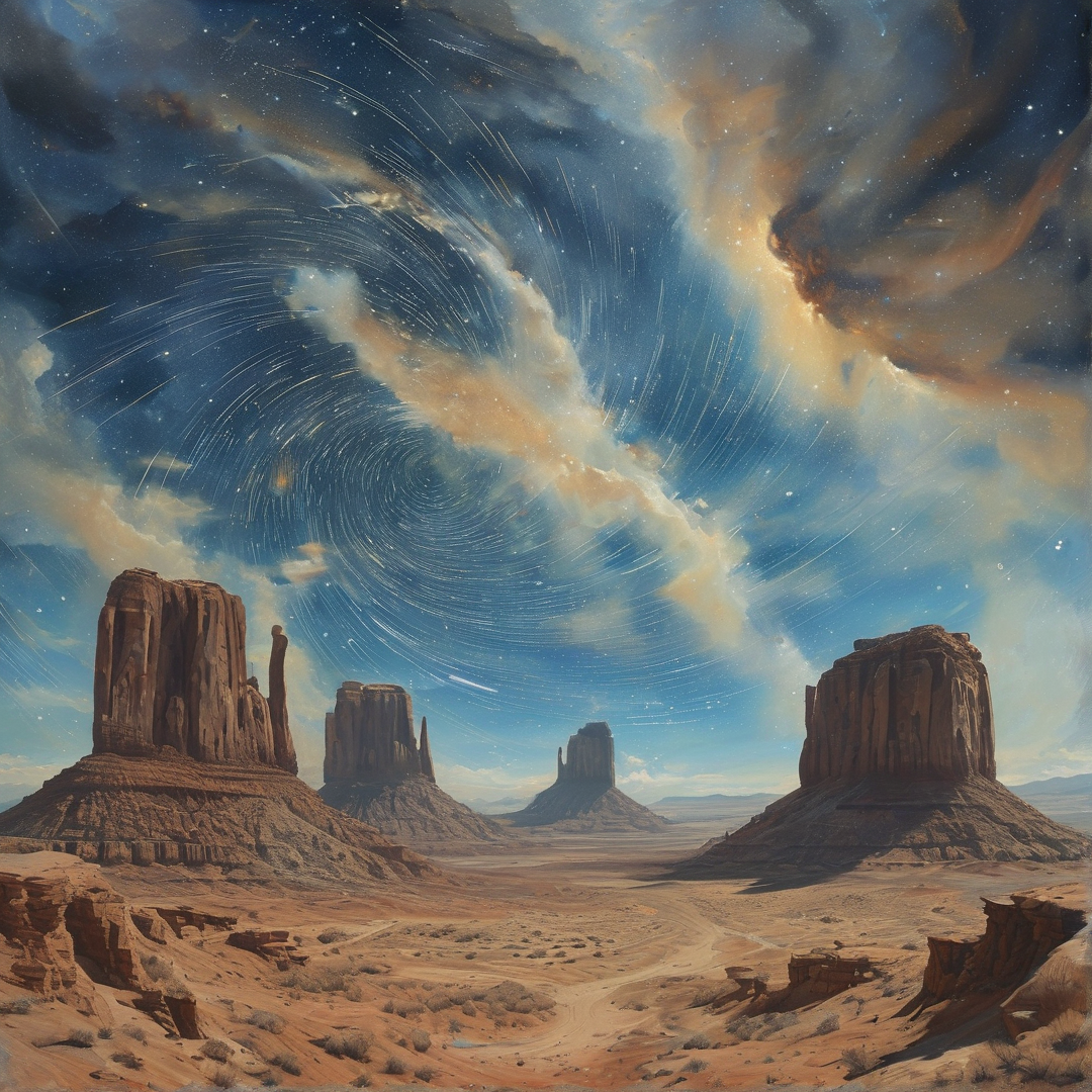 Tall sandstone spires emerge from terrain beneath a cosmos with rotating celestial paths and luminous gas clouds.