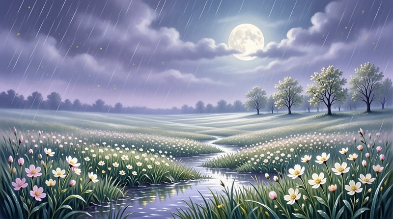A winding stream flows through a field of white and pink flowers under a bright moon and rain.