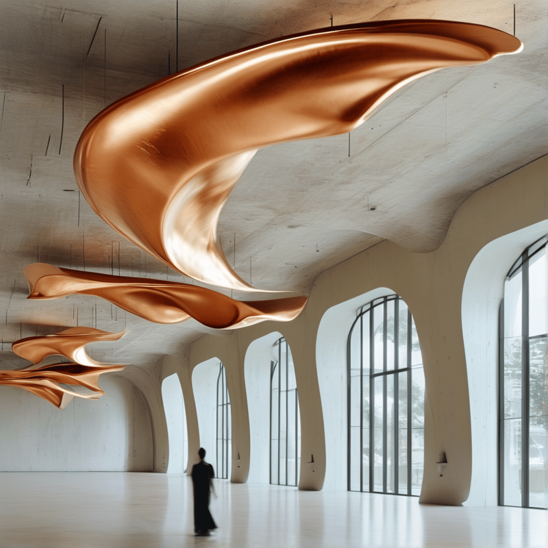 Large metallic shapes hang from a high ceiling above a solitary figure walking near tall arched windows.