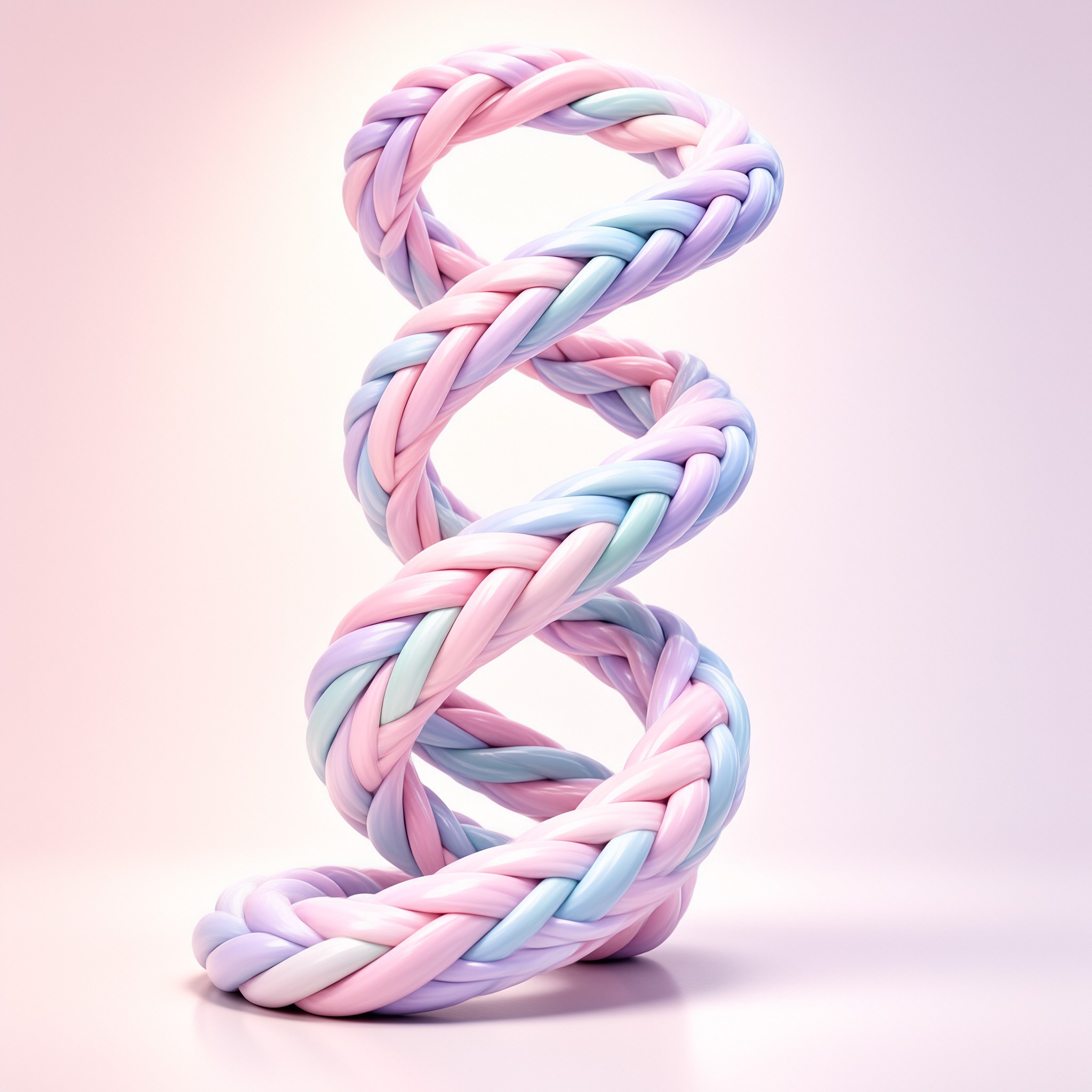 A twisted rope of shiny colors creates a vertical shape on a pink surface illuminated by soft studio light.