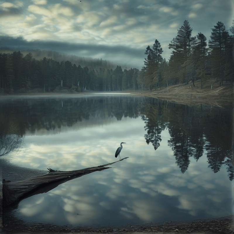 A solitary heron perches on a fallen branch entering a quiet lake that mirrors the dense trees and overcast sky above.