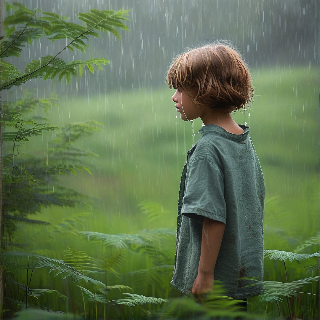Boy Gazing in Rainy Fernscape