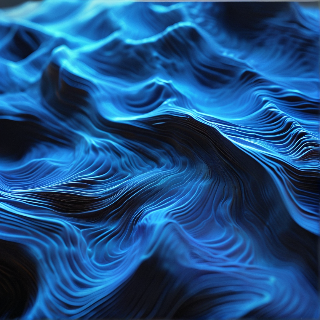Luminous cyan ridges ripple across a dark surface like a glowing three-dimensional topographic map.