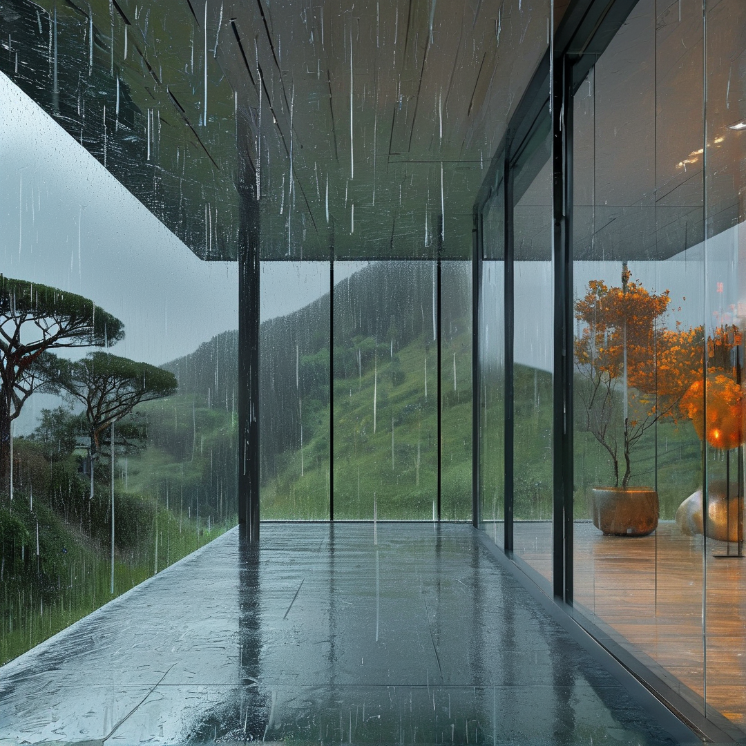 Polished wet stone terrace sits next to large glass walls, with rainy green hills outside and orange potted trees inside.