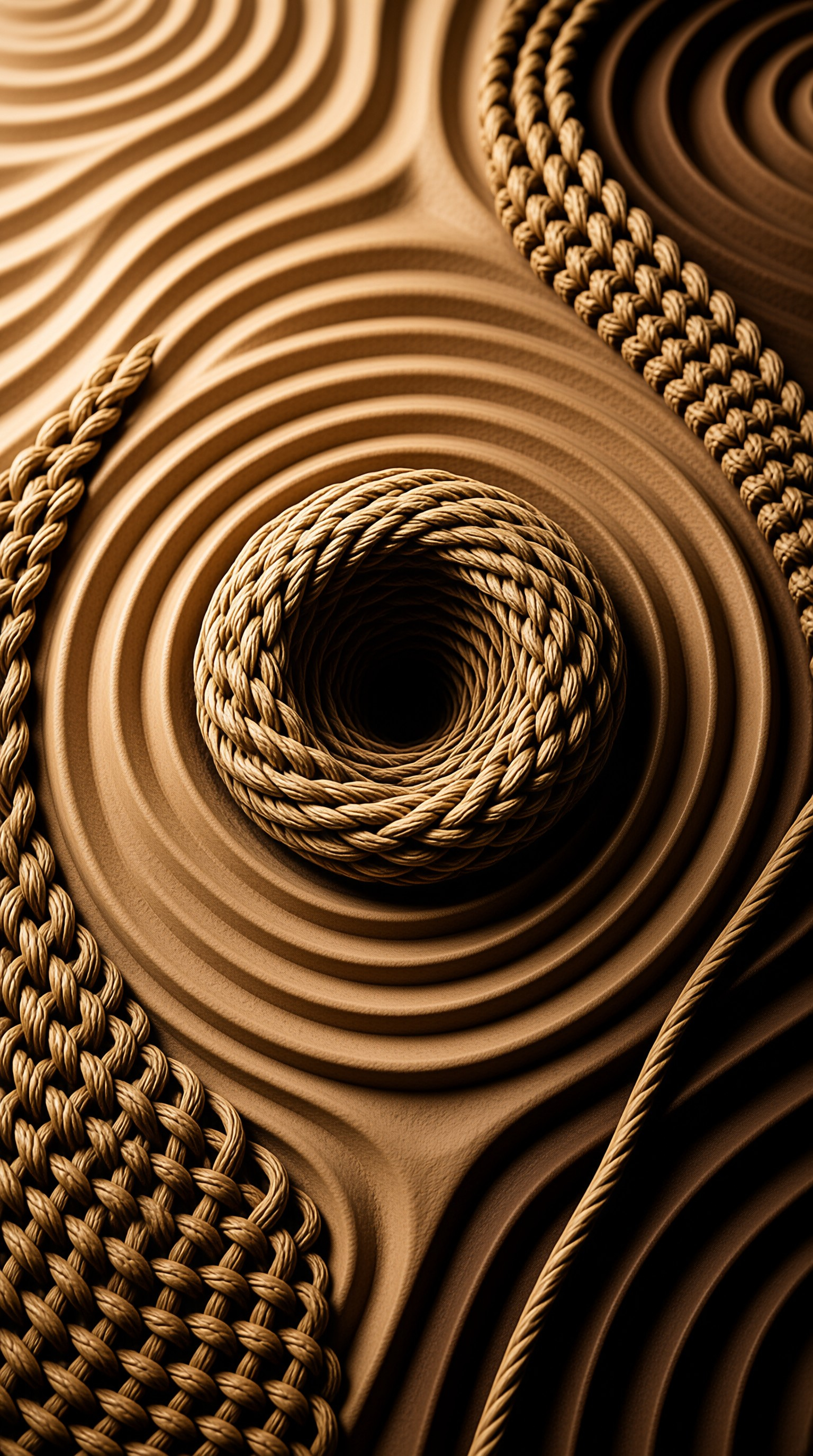 A woven fiber coil rests amidst undulating brown landscape features under soft directional lighting.