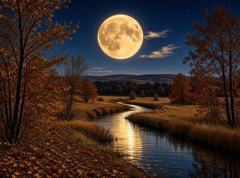 Autumn Full Moon Over Stream