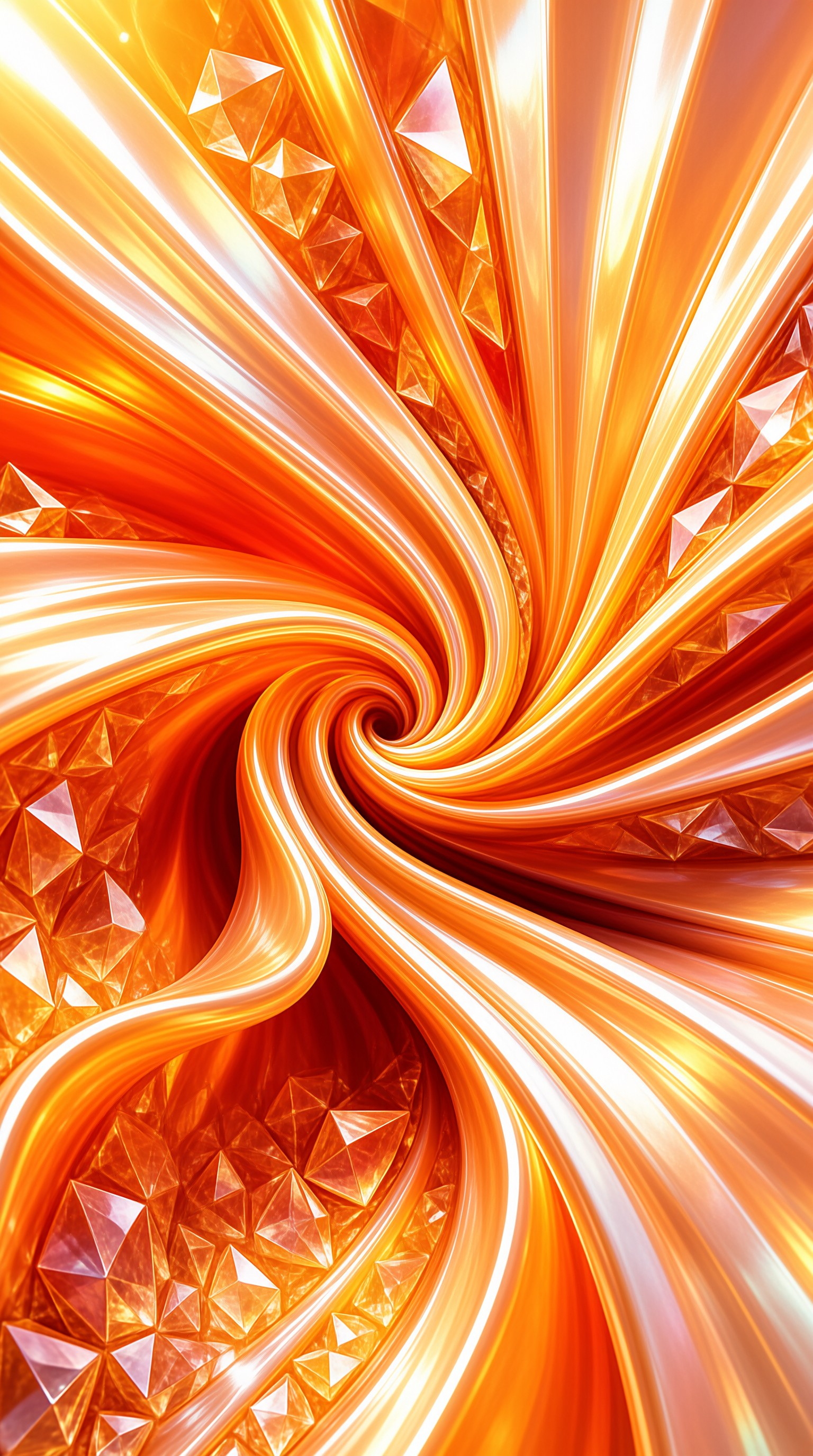 Faceted orange gemstones rotate within a dynamic vortex of smooth, flowing golden liquid light streams.