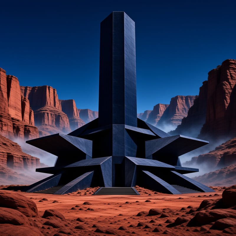 A towering dark stone monument with a star shaped base stands amid misty red rock mesas under deep blue sky.