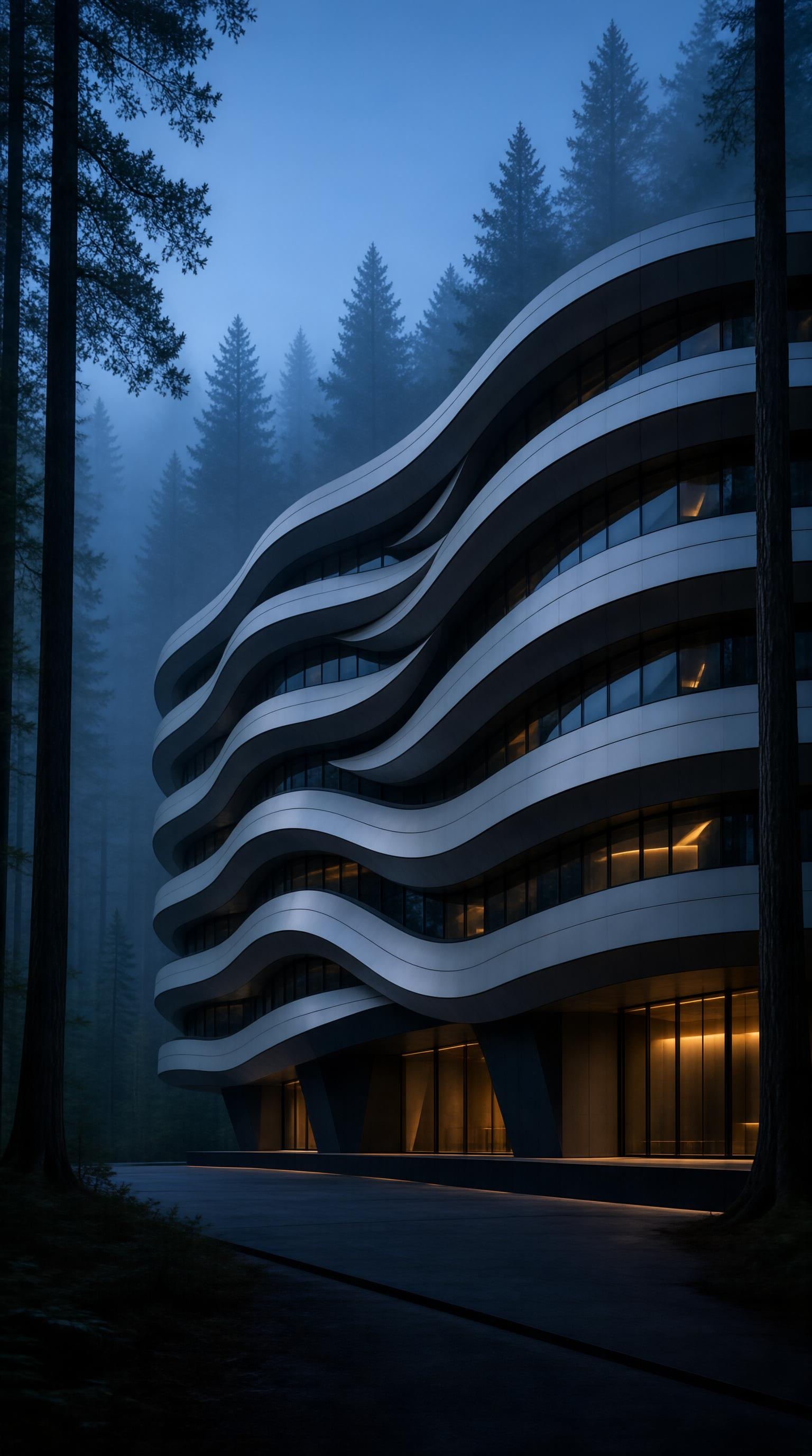 Modern Wave Building in Forest