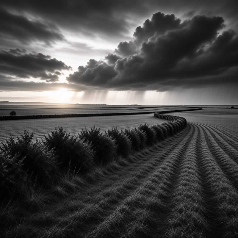A long dark hedge curves through agricultural fields beneath a dramatic sky with sun rays breaking through clouds.