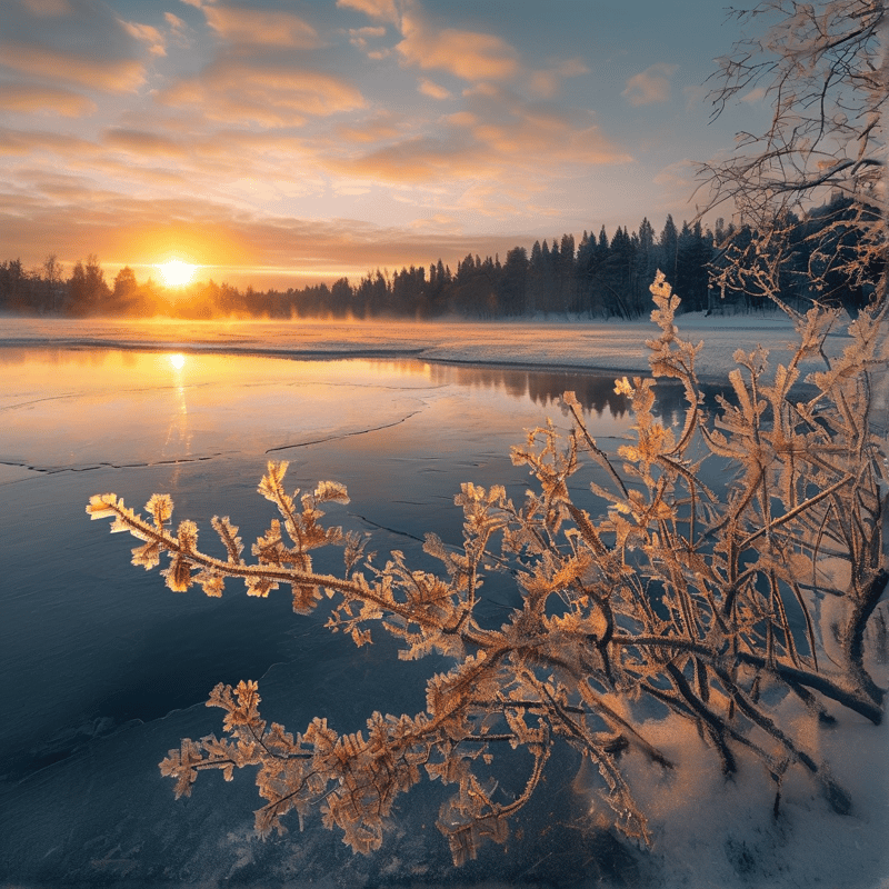 Warm sunlight hits frosty branches above a frozen lake with a distant forest line and orange clouds reflecting on the ice.