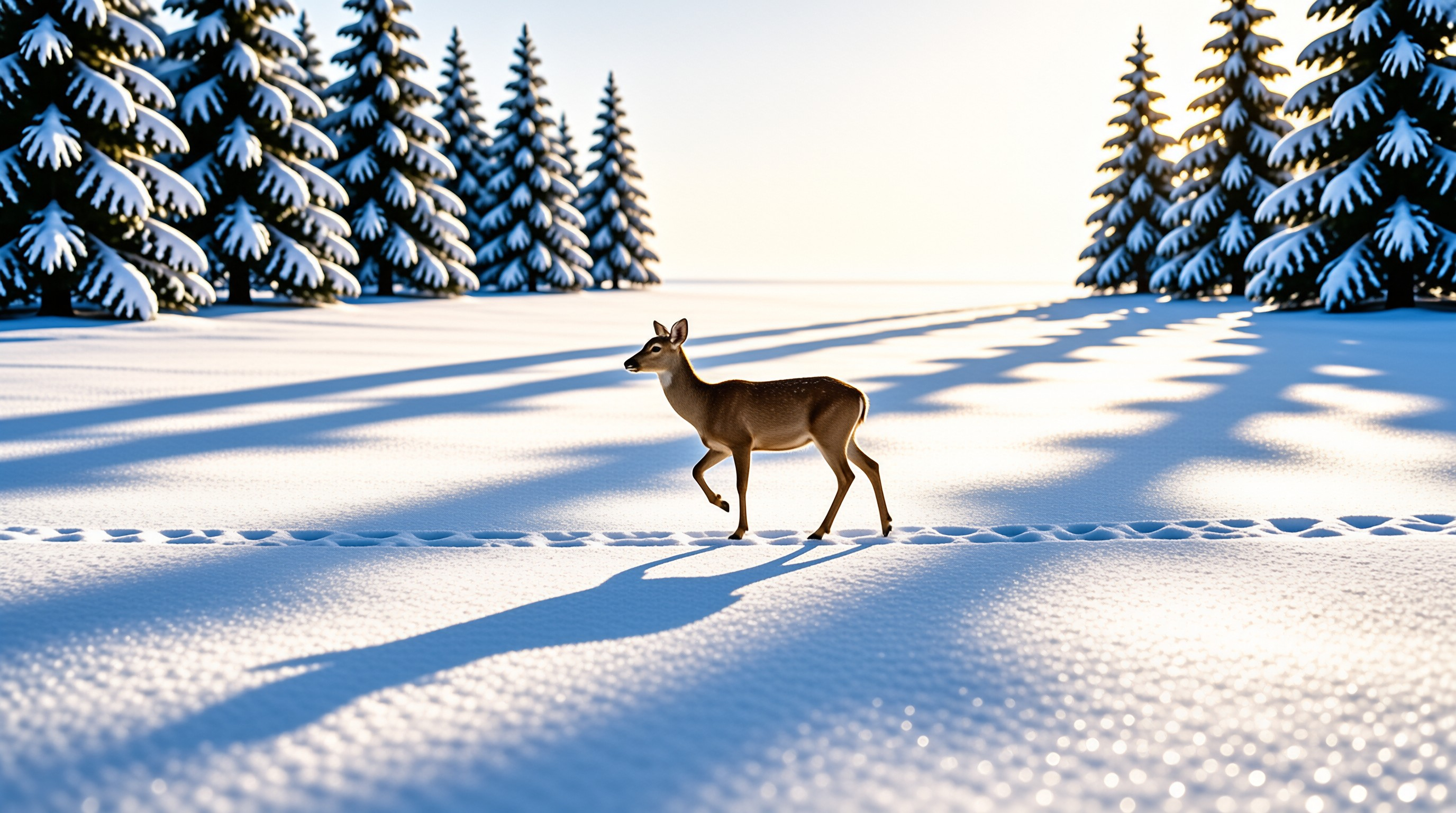 A brown spotted deer walks across a snow covered field bordered by pine trees casting long shadows in the sunlight.
