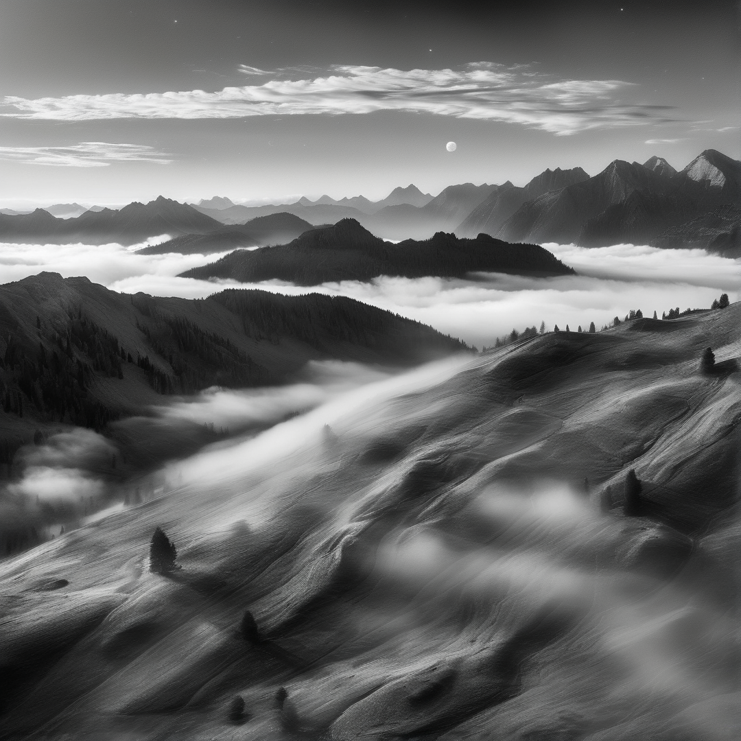 Monochromatic landscape featuring layered mountain ridges with clouds pooling in the valleys beneath a pale moon.