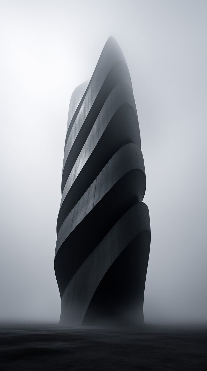 A tall twisted striped structure of dark and pale sections rises from dark still water shrouded in thick grey mist.