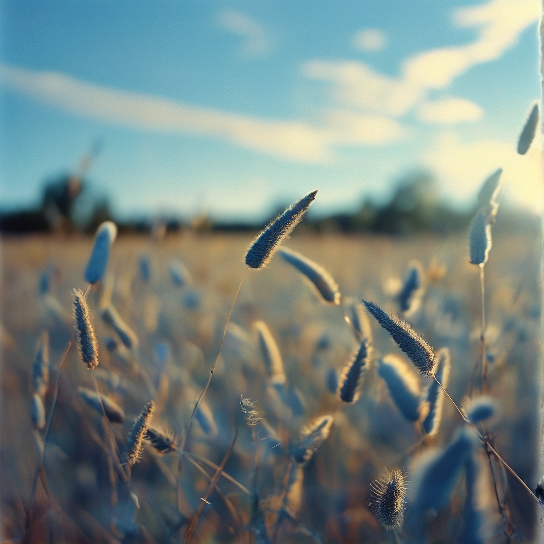 Cluster of fuzzy grass heads standing tall in a field against a soft blue sky with warm light.