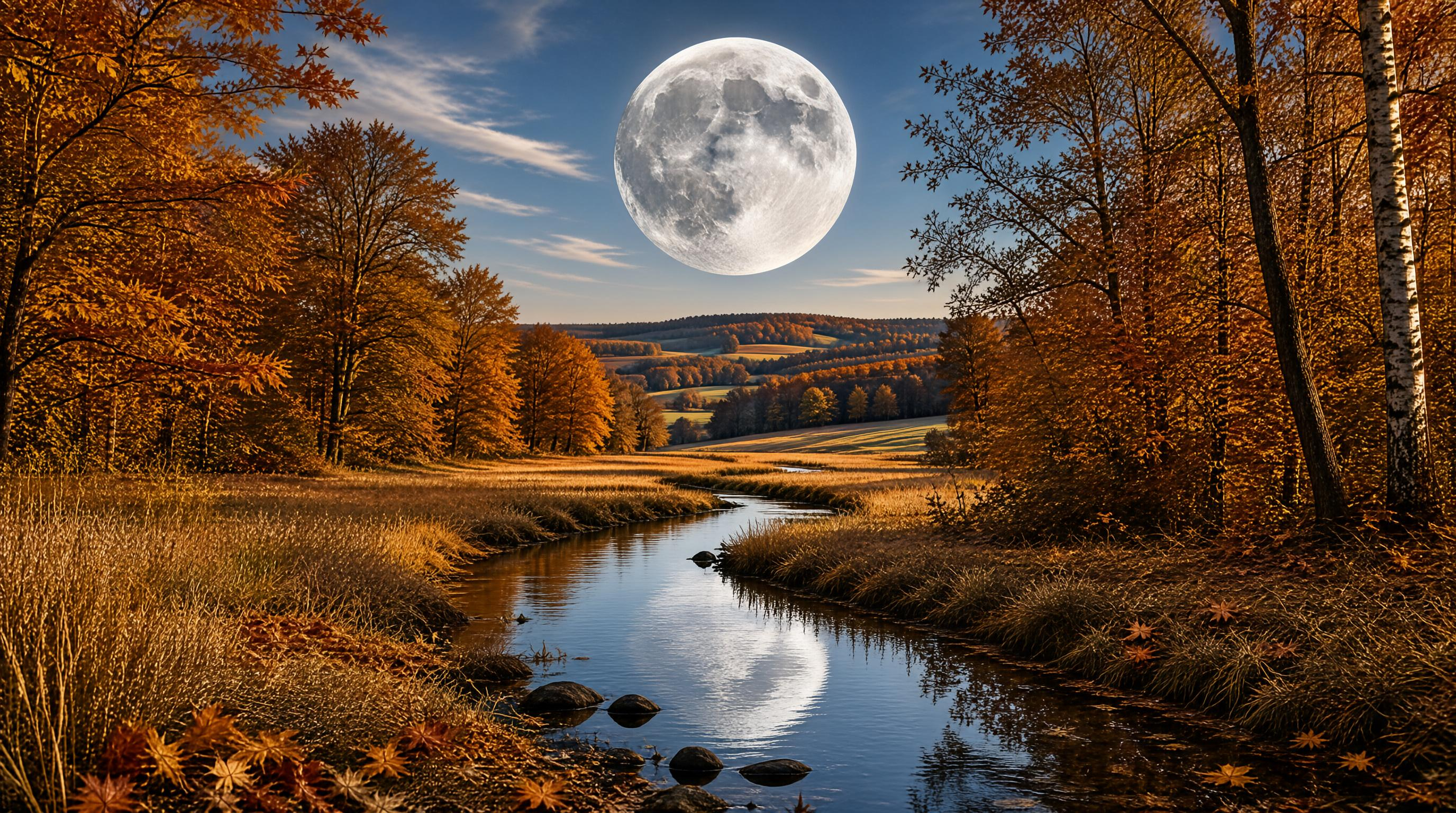 Autumn Moon Over Winding River