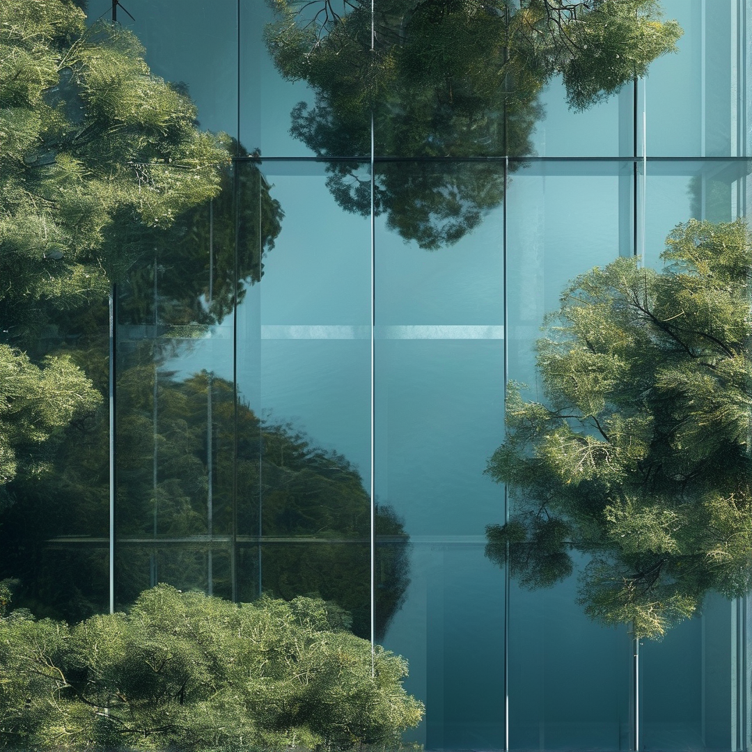 Tall glass building panels mirror lush green trees against a clear blue sky