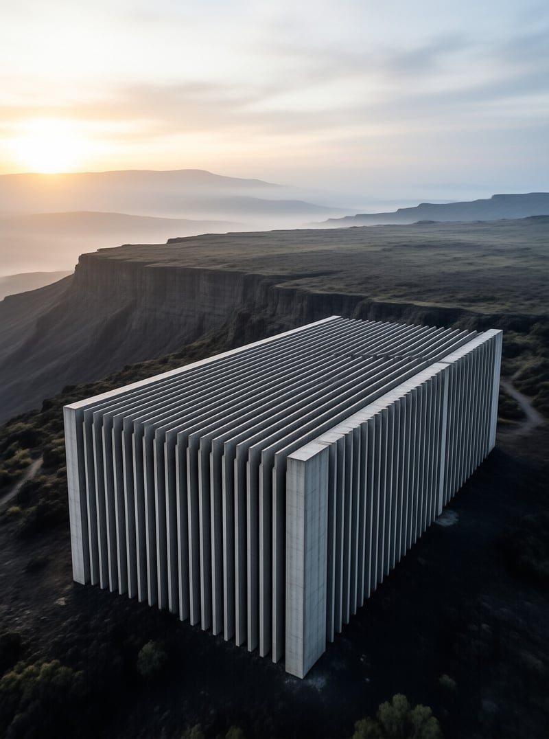 A row of tall concrete fins stands isolated on a grassy plateau overlooking misty canyons at dusk.
