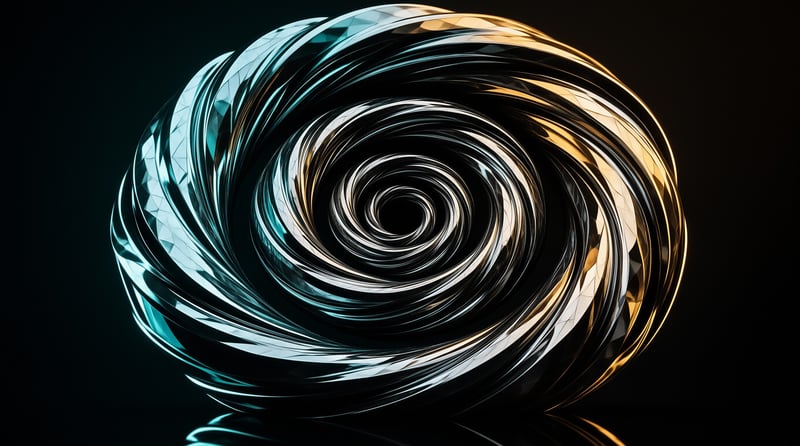 A reflective metal spiral curves inward against a black backdrop featuring teal and gold color gradients.