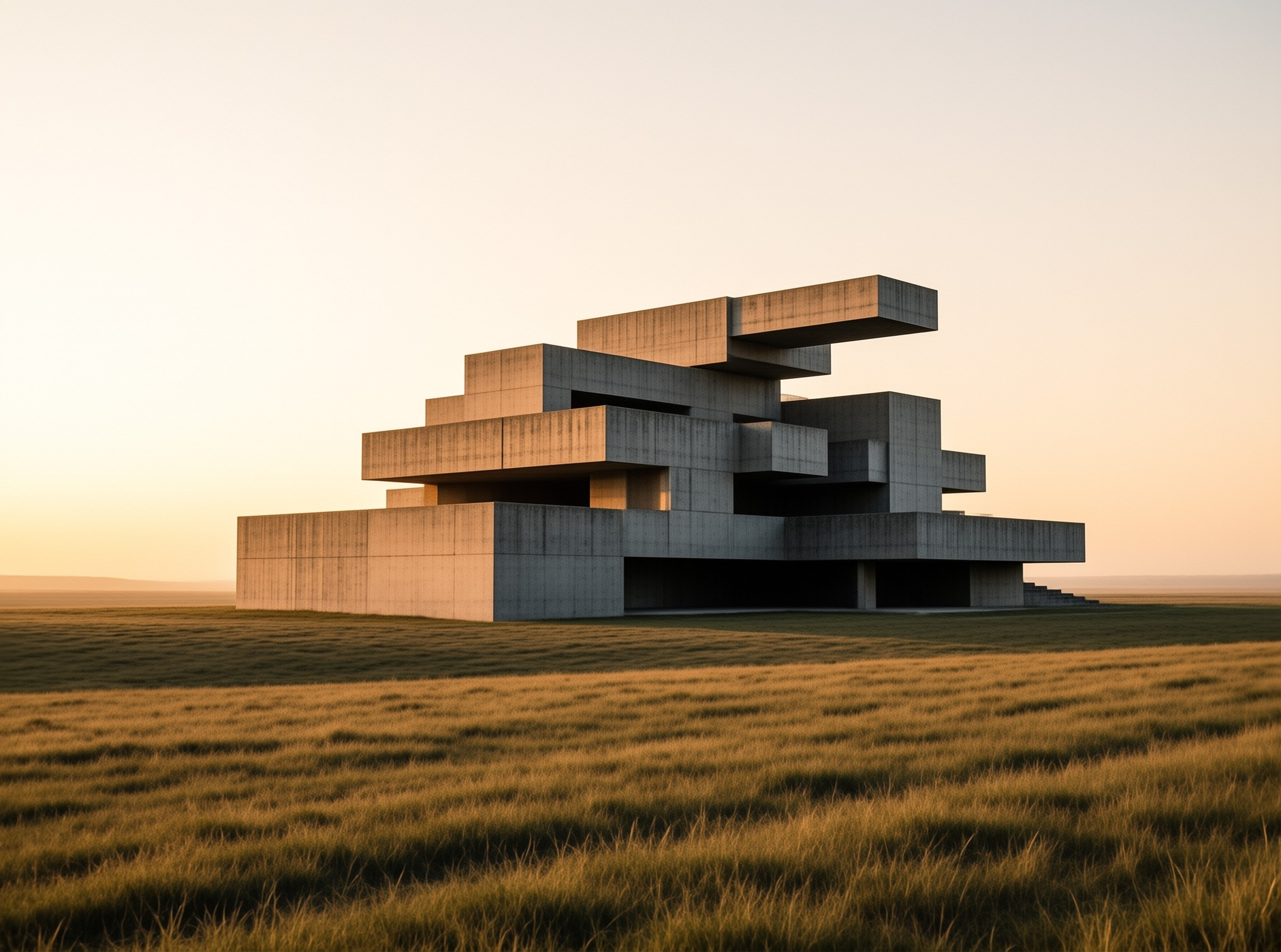 Brutalist Building at Sunset