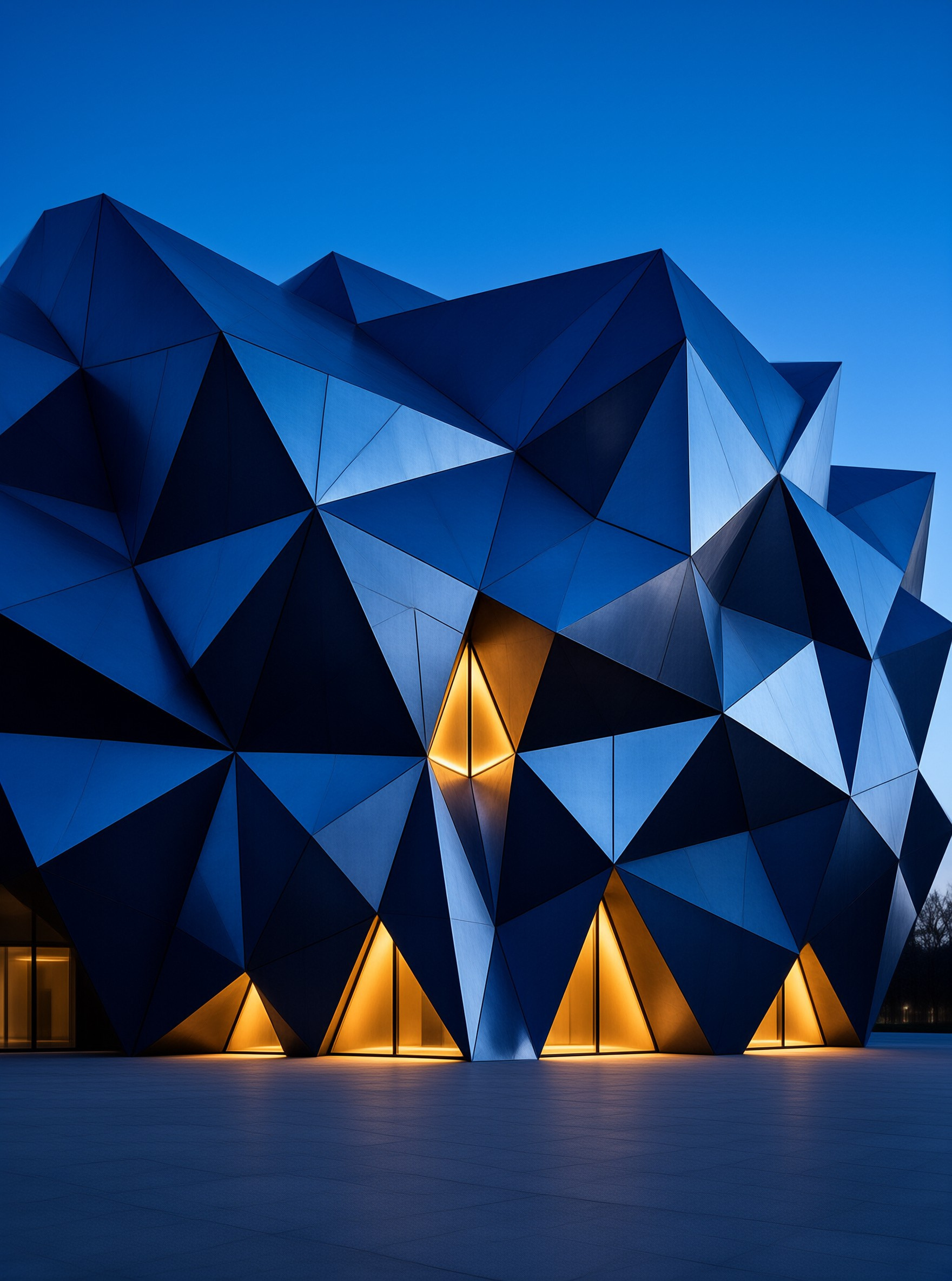 A modern geometric building features angular blue panels with warm yellow light shining from its base windows during the evening.
