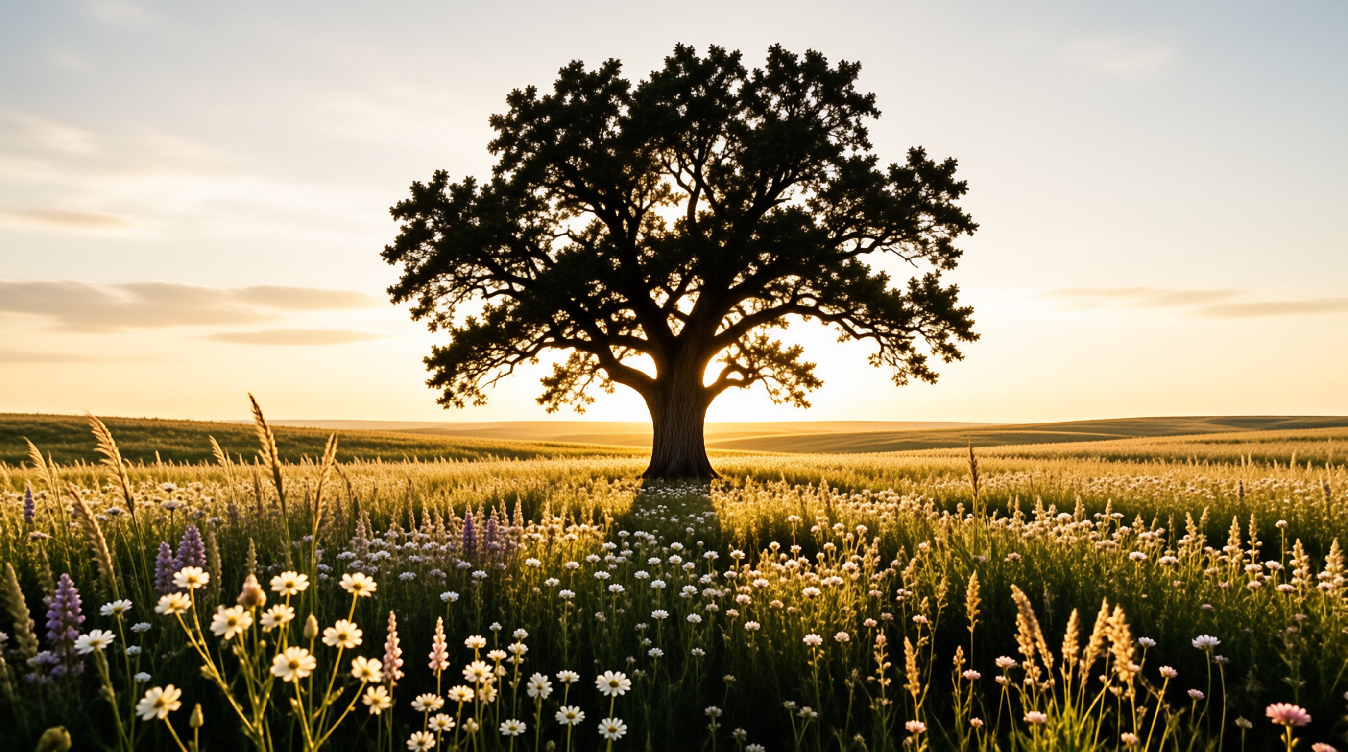 Sunset Tree in Flower Field