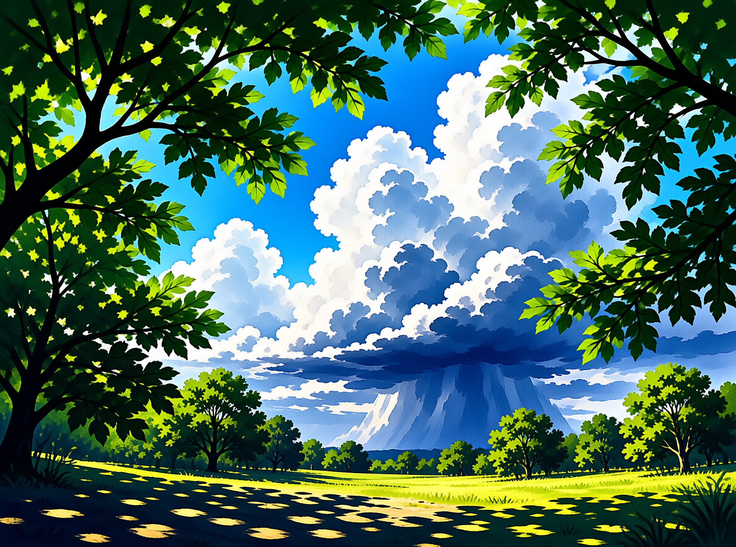 Huge storm cloud with rain falling over a grassy field framed by trees in the foreground.