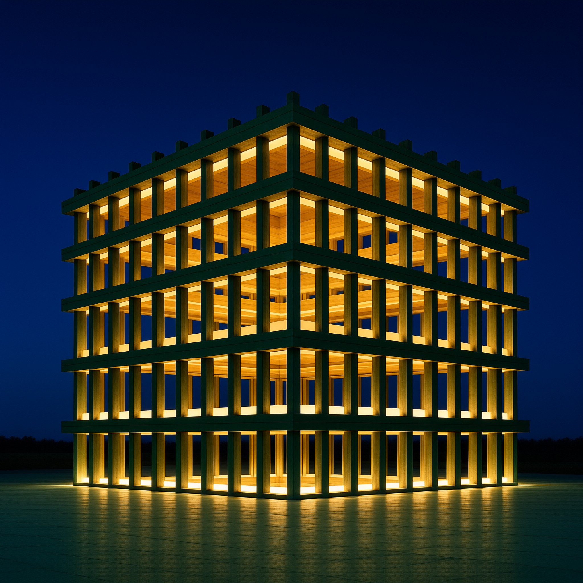 A multi-story wooden grid emits warm yellow light from inside while standing on a reflective surface against a dark blue sky